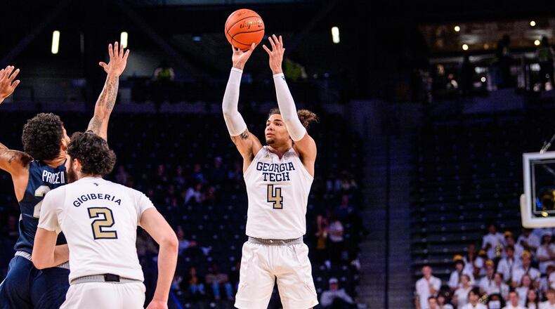 Georgia Tech forward Jordan Usher scored a career-high 24 points to lead the Yellow Jackets to an 85-70 win over Charleston Southern Nov. 22, 2021 at McCamish Pavilion. (Danny Karnik/Georgia Tech Athletics)