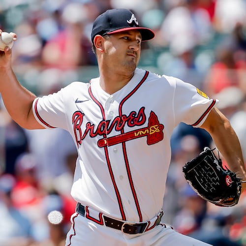 Atlanta Braves pitcher Tyler Mahle throws to a Colorado Rockies batter during Sunday's game in Atlanta. (Erik S. Lesser/AP)