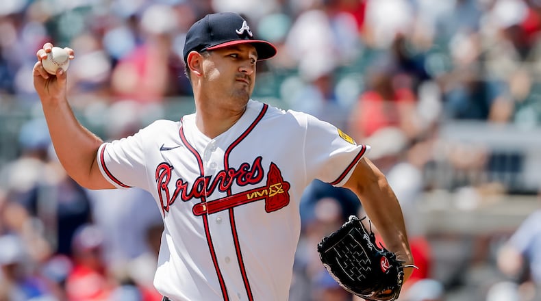 Atlanta Braves pitcher Tyler Mahle throws to a Colorado Rockies batter during Sunday's game in Atlanta. (Erik S. Lesser/AP)