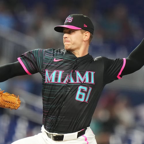 Miami Marlins starting pitcher Robby Snelling throws during the first inning of a baseball game against the Washington Nationals, Friday, May 8, 2026, in Miami. (AP Photo/Lynne Sladky)
