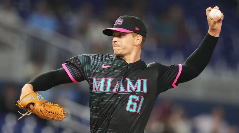 Miami Marlins starting pitcher Robby Snelling throws during the first inning of a baseball game against the Washington Nationals, Friday, May 8, 2026, in Miami. (AP Photo/Lynne Sladky)