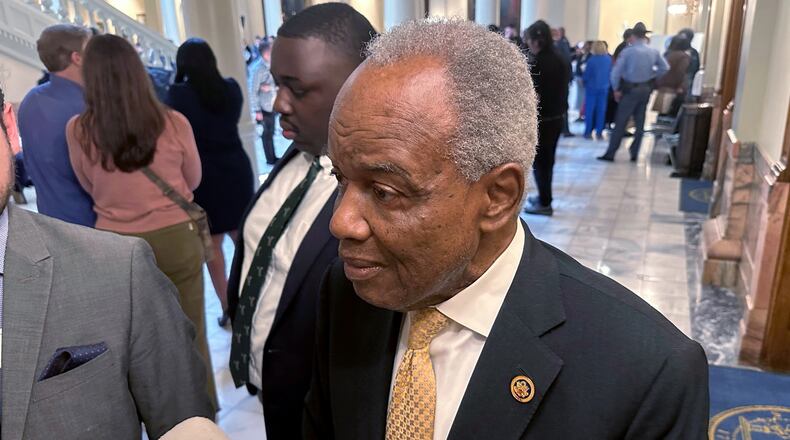 FILE - Democratic U.S. Rep. David Scott speaks to reporters, March 4, 2024, at the Georgia Capitol in Atlanta. (AP Photo/Jeff Amy, File)