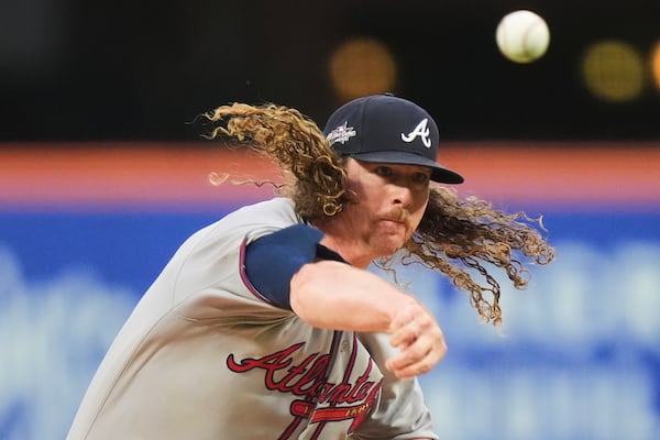 Atlanta Braves' Grant Holmes pitches during the second inning of a baseball game against the New York Mets Thursday, June 26, 2025, in New York. (AP Photo/Frank Franklin II)