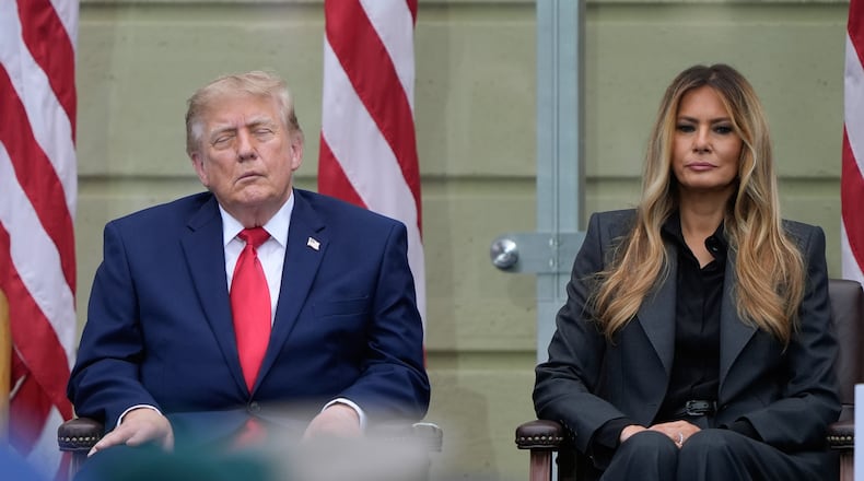 President Donald Trump and first lady Melania Trump, attend a ceremony to commemorate the 25th anniversary of the 9/11 attacks at the Pentagon, Friday, Sept. 11, 2026, in Washington. (AP Photo/Manuel Balce Ceneta)