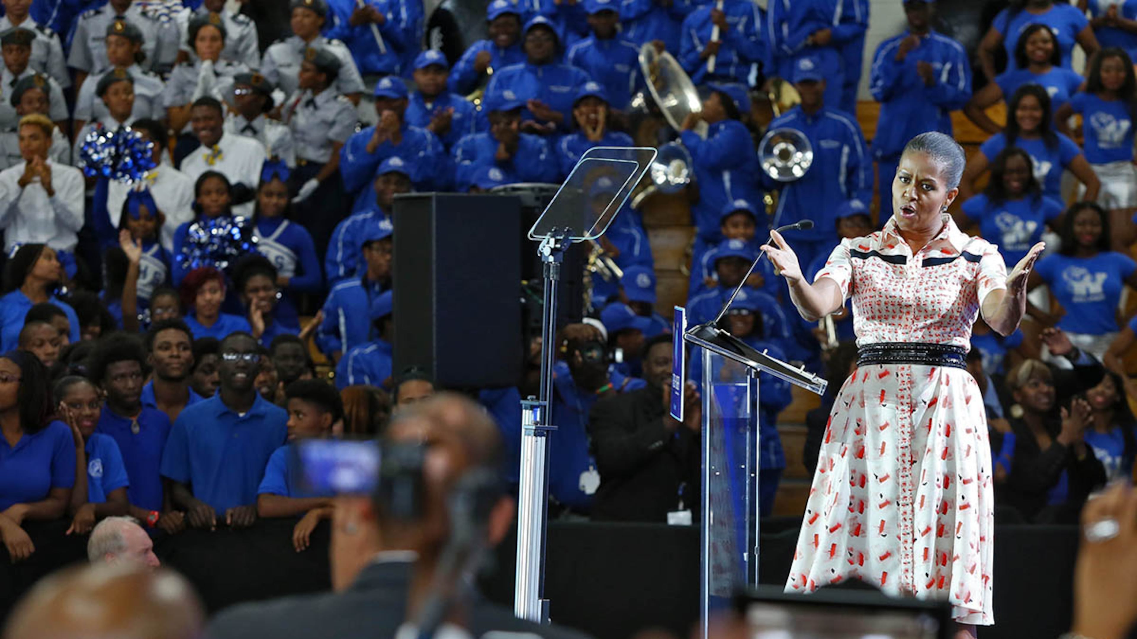 Michelle Obama visited Booker T. Washington High School as part of her “Reach Higher” campaign to increase the number of college graduates. The public high school in Atlanta has more than three times the students living in poverty and hundreds of open seats, writes guest contributor Raymond Pierce. (Bob Andres/AJC 2014)