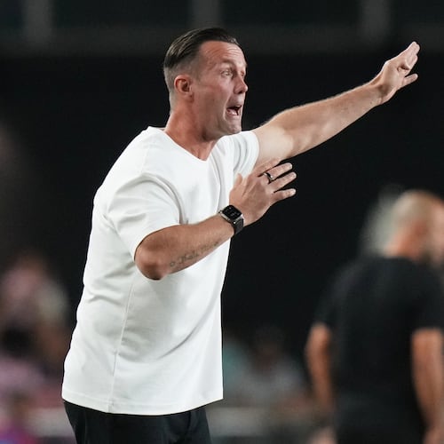 Atlanta United head coach Ronny Deila watches during the first half of an MLS soccer match against Inter Miami, Saturday, Oct. 11, 2025, in Fort Lauderdale, Fla. (AP Photo/Lynne Sladky)