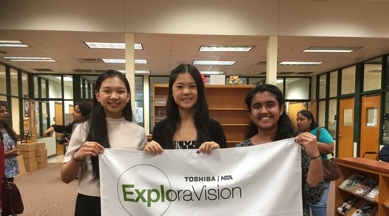 Helena Liao, Annie Chen and Rupkatha Banerjee, 10th grade students at Northview High School, celebrate winning first place regionally in ExploraVision, the country’s largest science competition sponsored by Toshiba/National Science Teachers Association.