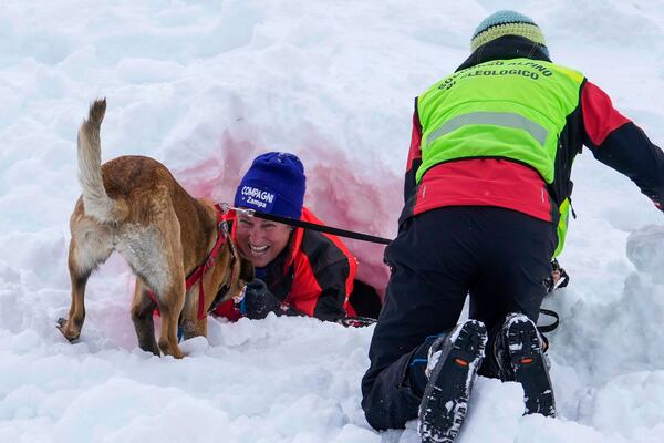 Avalanche dog Brina is praised by her trainer Silvia Anselmetto during a training session with the Italian National Alpine and Speleological Rescue Corps in Col Gallina, near Cortina D'Ampezzo, northern Italy, Tuesday, March 25, 2025. (AP Photo/Luca Bruno)