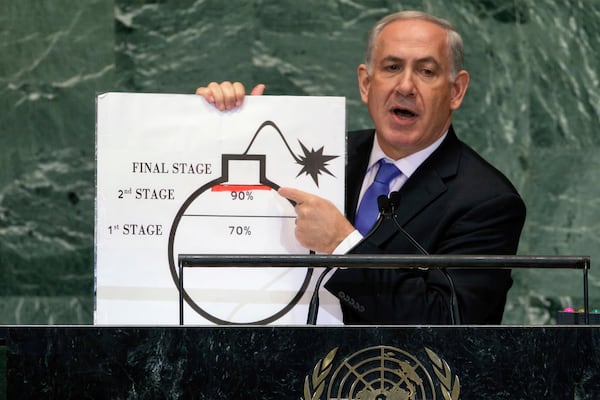 FILE - Israel's Prime Minister Benjamin Netanyahu shows an illustration as he describes his concerns over Iran's nuclear ambitions during his address to the 67th session of the United Nations General Assembly at U.N. headquarters, Sept. 27, 2012. (AP Photo/Richard Drew, File)