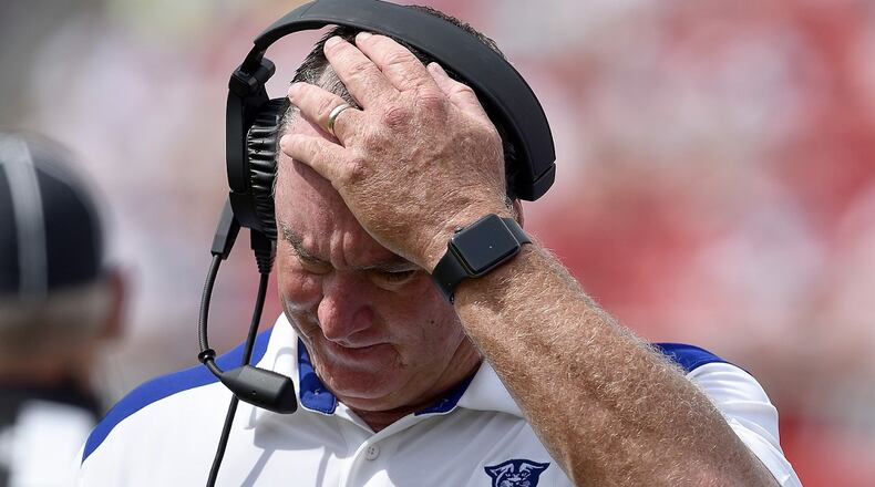 Coach Shawn Elliott of the Georgia State Panthers reacts during their game against the North Carolina State Wolfpack at Carter-Finley Stadium on September 8, 2018 in Raleigh, North Carolina. North Carolina Sate won 41-7. (Photo by Grant Halverson/Getty Images)