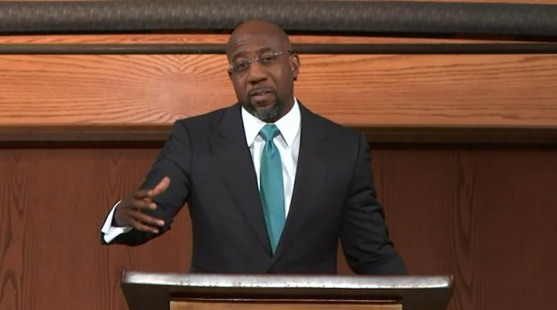 The Rev. Raphael Warnock delivered his first Sunday sermon at Ebenezer Baptist Church on Jan. 10, 2021, since winning the runoff election for the U.S. Senate days earlier. (Photo from Ebenezer Baptist's pubic livestream)