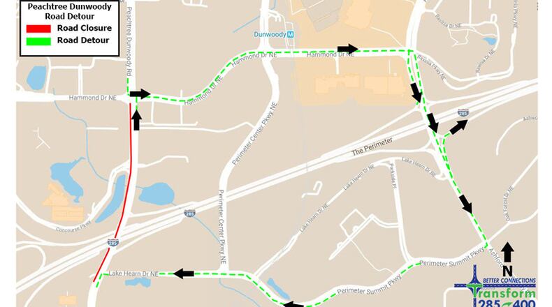 Map depicts the recommended detour when southbound Peachtree Dunwoody Road is closed for I-285/Ga. 400 construction nightly, Monday through Friday, from Hammond to Lake Hearn Drives in Sandy Springs. GEORGIA DEPARTMENT OF TRANSPORTATION