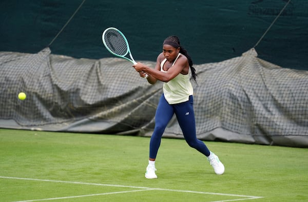 Coco Gauff of the U.S. hits a backhand during a practice session at the All England Lawn Tennis and Croquet Club, ahead of the Wimbledon Championships, which begins on June 30th, in London, Monday June 23, 2025. (Adam Davy/PA via AP)