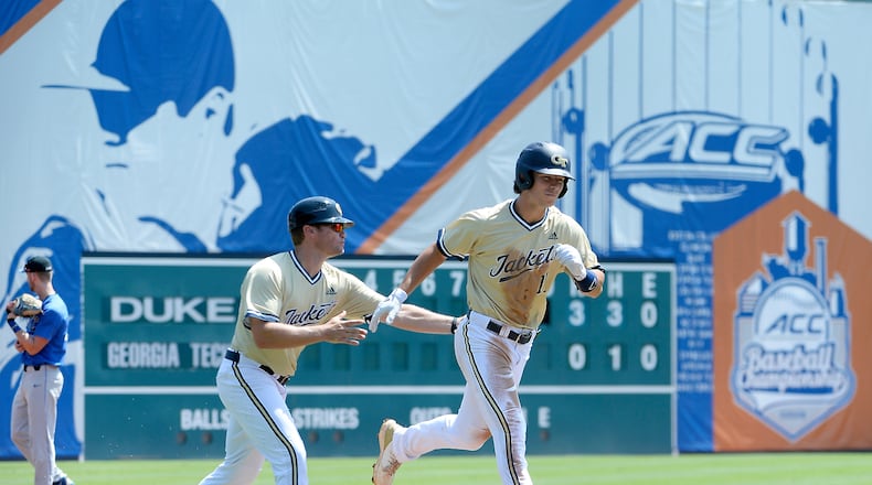 Georgia Tech Tristin English (11) runs the third baseline to home after his home run during game ten of the 2019 ACC Baseball Tournament in Durham, N.C., Friday, May 24, 2019. (Photo by Sara D. Davis, the ACC)