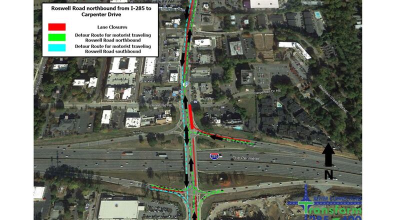 Map depicts how traffic lanes will shift as crews close two northbound lanes of Roswell Road north of the bridge over I-285 in Sandy Springs. GEORGIA DEPARTMENT OF TRANSPORTATION