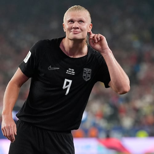 Norway's Erling Haaland (9) celebrates after scoring their third goal during the World Cup Group I soccer match between Norway and Senegal in East Rutherford, N.J., near New York, Monday, June 22, 2026. (AP Photo/Steve Luciano)