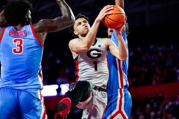 Georgia's Jabri Abdur-Rahim goes up for a shot during the Bulldogs’ game against Ole Miss at Stegeman Coliseum in Athens on Saturday, Feb. 19, 2022. (Photo by Tony Walsh / Georgia Athletics)