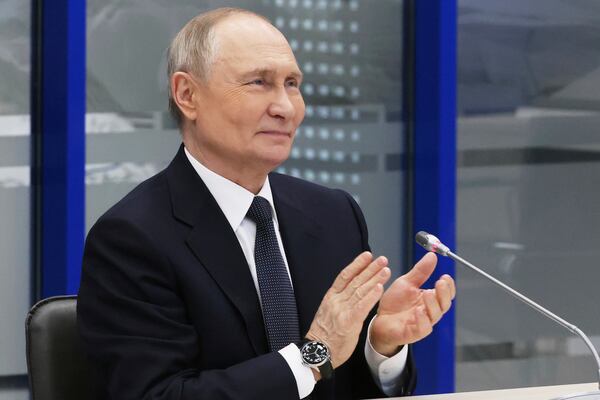 Russian President Vladimir Putin attends the initial loading ceremony at Lavna coal transshipment complex via videoconference in Murmansk, Russia, Thursday, March 27, 2025. (Sergei Karpukhin, Sputnik, Kremlin Pool Photo via AP)
