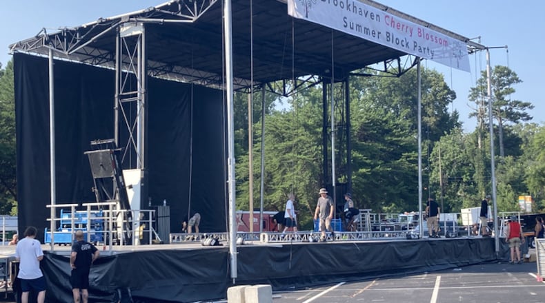 The city was setting up the main stage for the Cherry Blossom Festival on Thursday morning.
