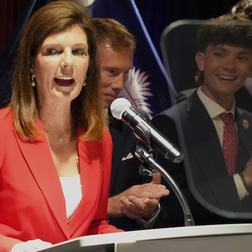 South Carolina Lt. Gov. Pamela Evette speaks at an election night watch party after advancing to a GOP primary runoff in the governor's race on Tuesday, June 9, 2026, in Greenville, S.C. (AP Photo/Meg Kinnard)