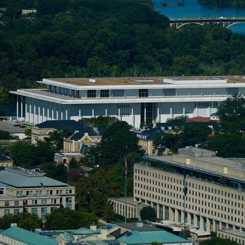 The John F. Kennedy Center for the Performing Arts as seen from the Washington Monument, Tuesday, Sept. 15, 2026, in Washington. (AP Photo/Pablo Martinez Monsivais)