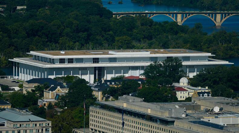 The John F. Kennedy Center for the Performing Arts as seen from the Washington Monument, Tuesday, Sept. 15, 2026, in Washington. (AP Photo/Pablo Martinez Monsivais)