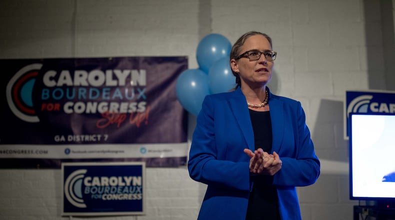 Carolyn Bourdeaux, a candidate for Georgia’s 7th Congressional District, speaks to supporters at her election night party on Nov. 6, 2018. She narrowly lost to incumbent U.S. Rep. Rob Woodall then, but Bourdeaux is running again for the seat with Woodall retiring.  Branden Camp/Special
