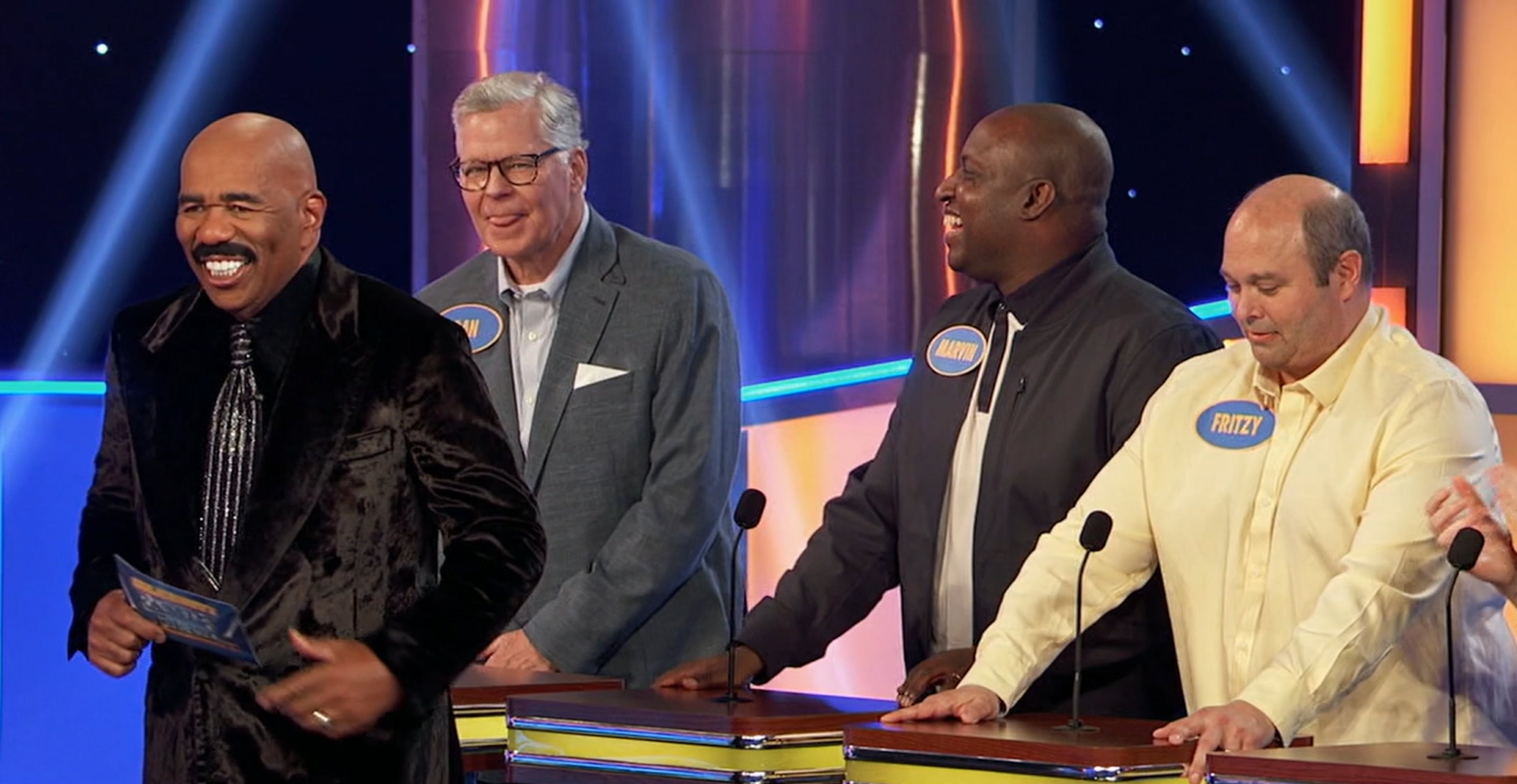 One episode of the newest season of “Celebrity Family Feud,” with host Steve Harvey, pits “The Dan Patrick Show” against “The Rich Eisen Show.” (ABC)