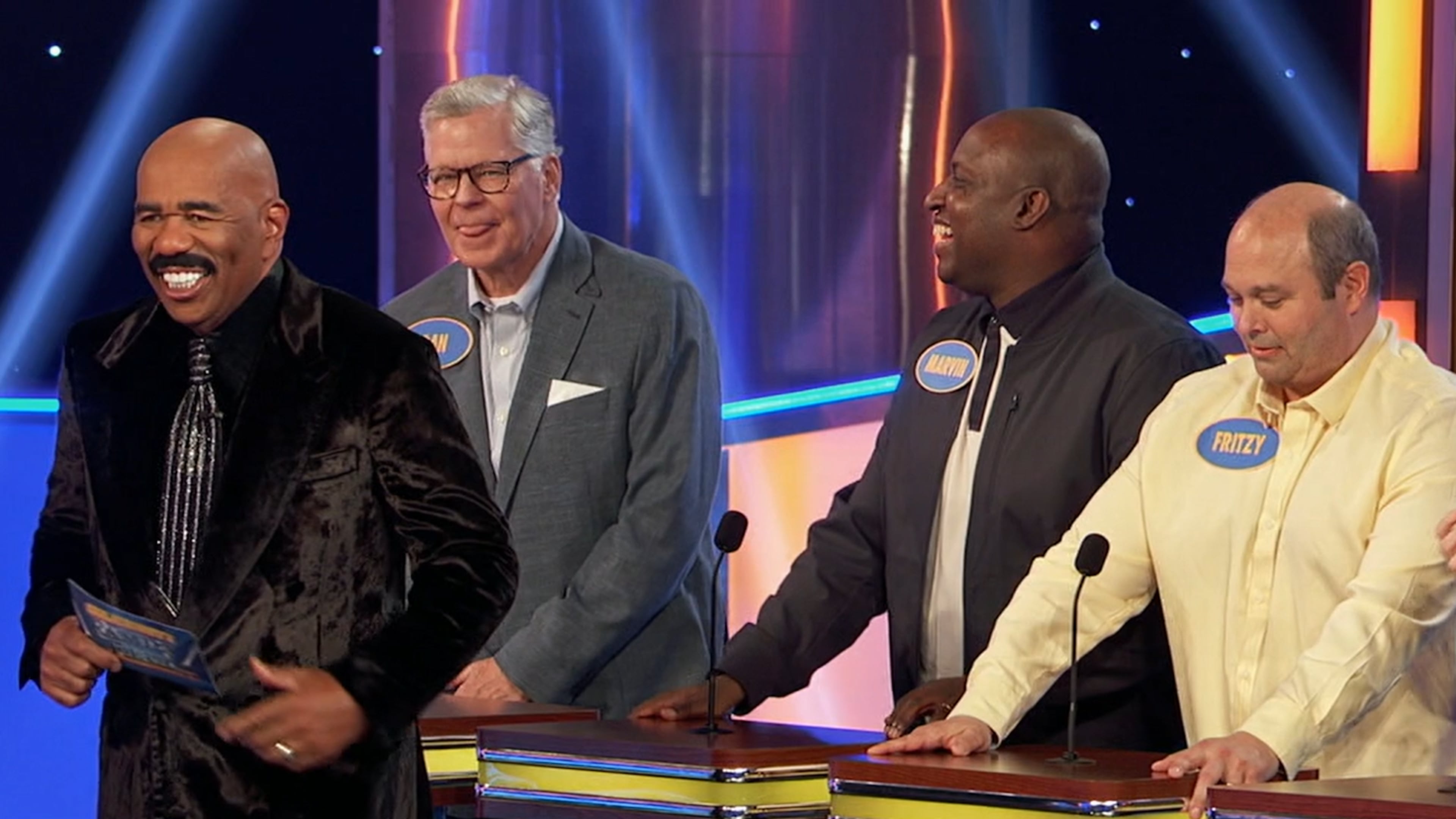 The newest season of "Celebrity Family Feud" on ABC returned July 10, 2025, and one episode features "The Dan Patrick Show" vs. "The Rich Eisen Show." (Courtesy of ABC)