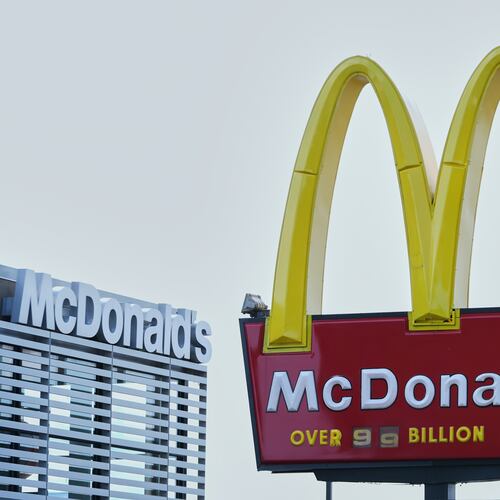 FILE - A McDonald's logo is shown at a restaurant in Warren, Mich., Tuesday, Sept. 2, 2025. (AP Photo/Paul Sancya, file)