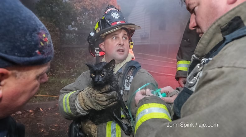 Hapeville firefighters prepare to give oxygen to a cat rescued from a house fire on Lavista Drive Tuesday morning. Nine other cats in the home did not make it out.