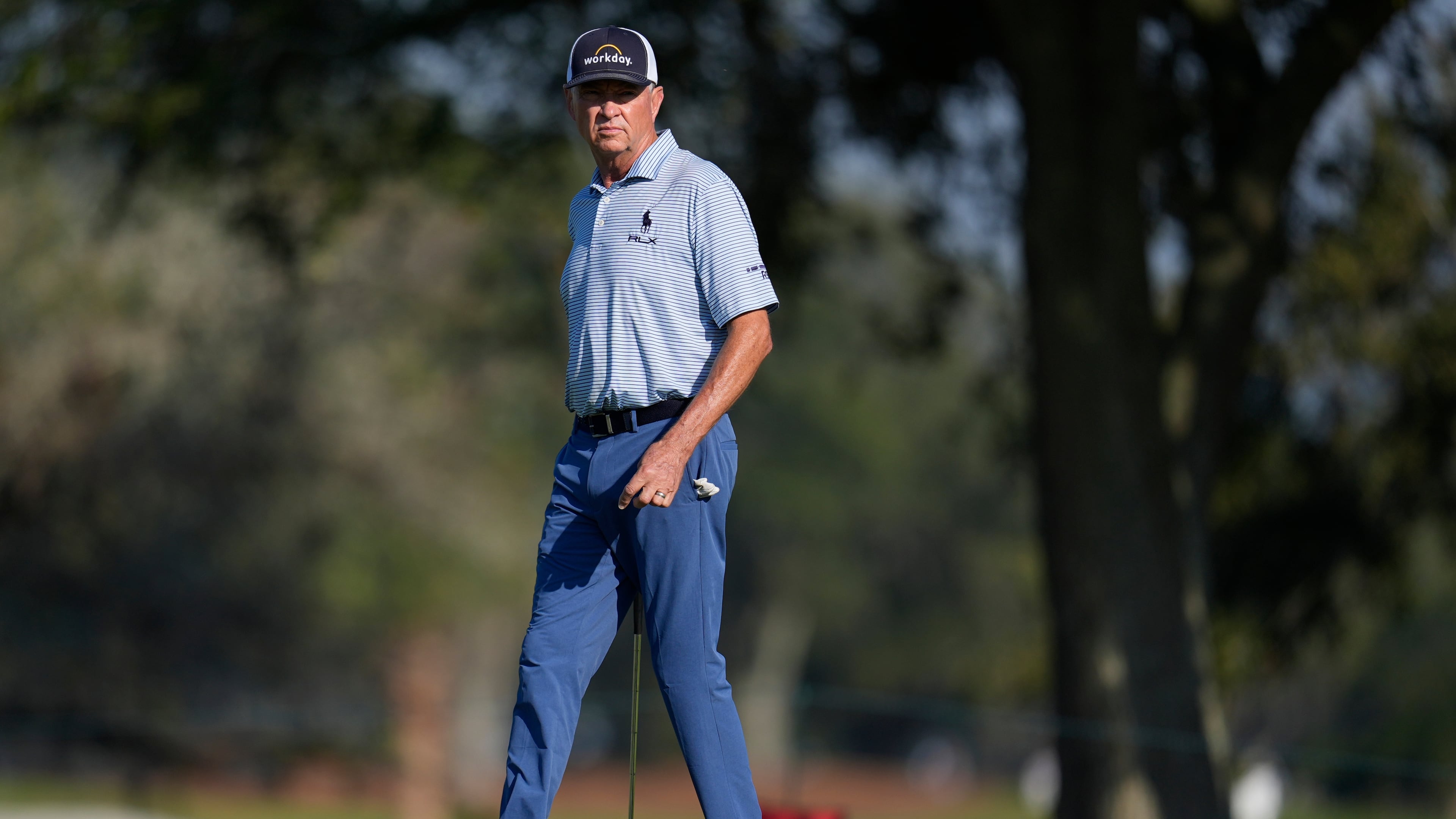 Davis Love III walks on first green during the first round of the RSM Classic golf tournament, Thursday, Nov. 20, 2025, in St. Simons Island, Ga. (AP Photo/Mike Stewart)