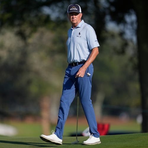 Davis Love III walks on first green during the first round of the RSM Classic golf tournament, Thursday, Nov. 20, 2025, in St. Simons Island, Ga. (AP Photo/Mike Stewart)