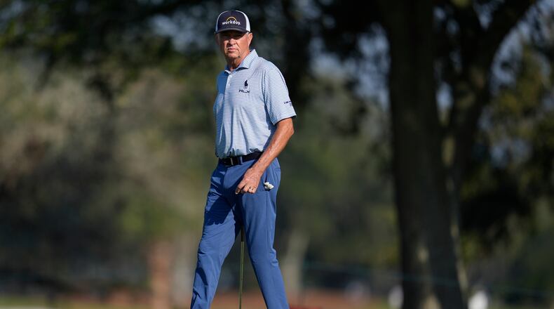 Davis Love III walks on first green during the first round of the RSM Classic golf tournament, Thursday, Nov. 20, 2025, in St. Simons Island, Ga. (AP Photo/Mike Stewart)