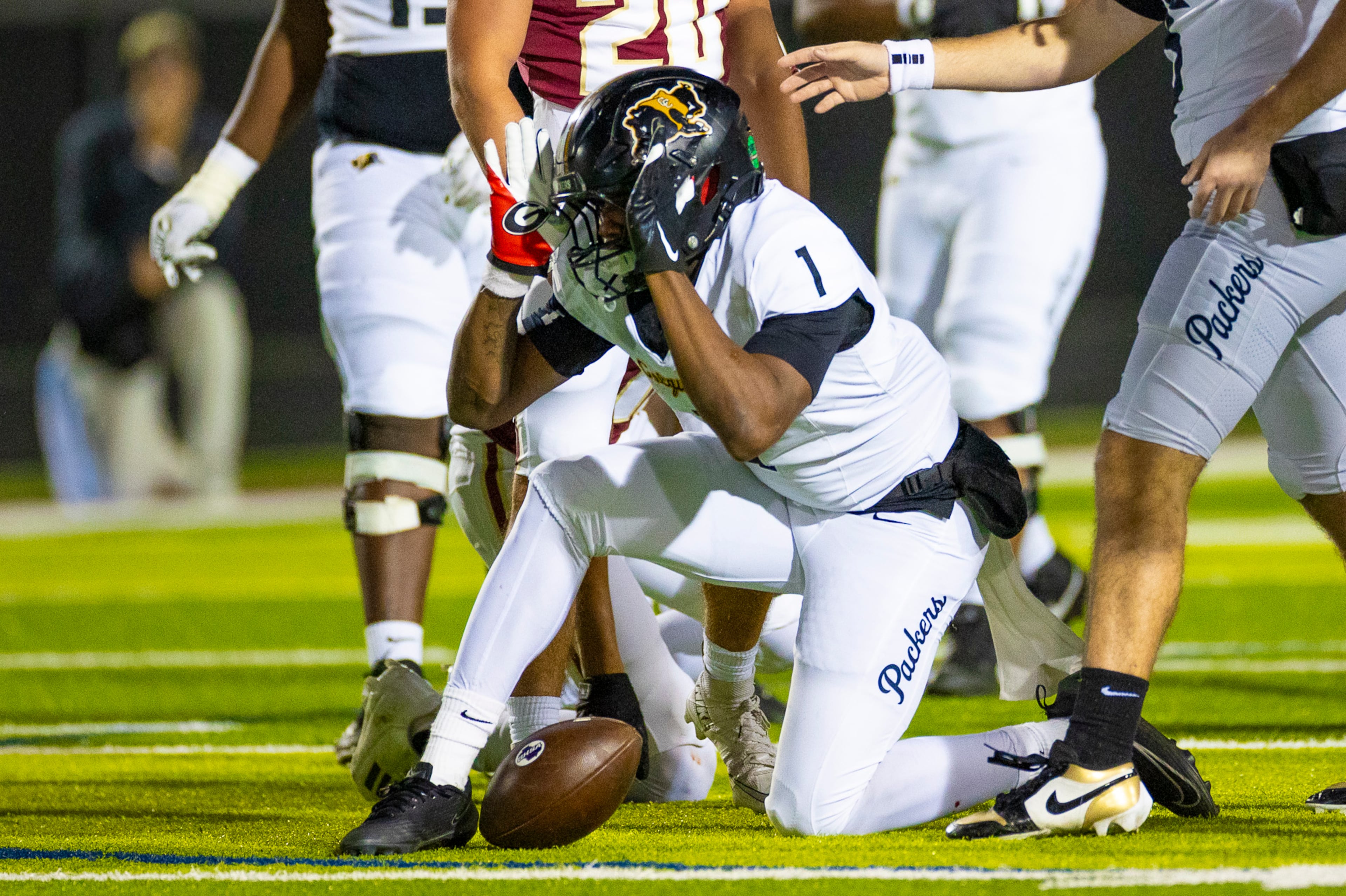 Colquitt running back Jae Lamar (1) taunts Mill Creek during the first half against Mill Creek at Mill Creek Community Stadium in Hoschton on Nov. 14th, 2025. (Oscar Guevara Saenz for the AJC)
