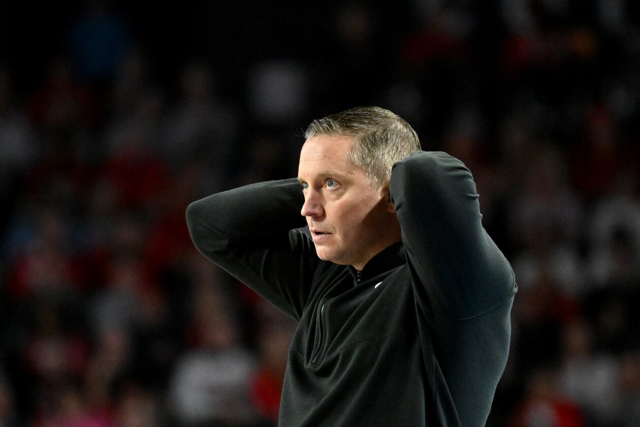 Georgia head coach Mike White reacts during the second half in an NCAA college basketball game at Stegeman Coliseum, Saturday, Jan. 17, 2026, in Athens. Georgia won that game 90-76 over Arkansas. (Hyosub Shin/AJC)