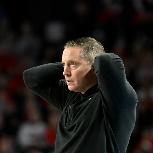 Georgia head coach Mike White reacts during the second half in an NCAA college basketball game at Stegeman Coliseum, Saturday, Jan. 17, 2026, in Athens. Georgia won that game 90-76 over Arkansas. (Hyosub Shin/AJC)
