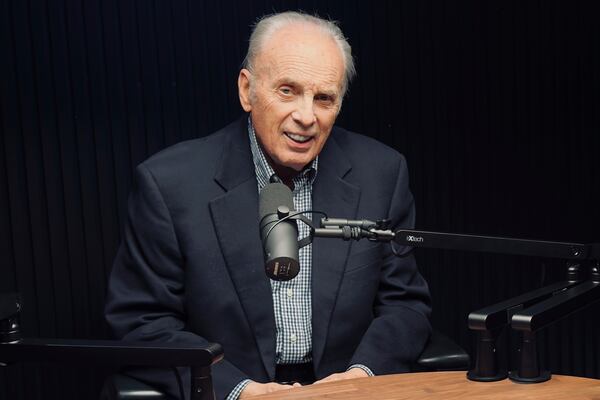 In this photo provided by Answersingenesis.org, Rev. John MacArthur, left, is seen at his Los Angeles studio in 2024. (Answersingenesis.org via AP)