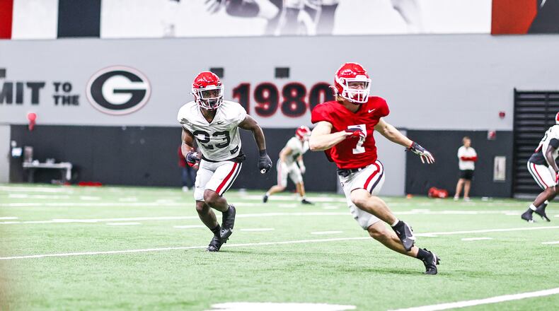 Georgia defensive back Tykee Smith (23) defends a scout-team receiver (7) during the Bulldogs' practice Tuesday, Oct. 5, 2021, at the Payne Athletic Center in Athens. (Tony Walsh/UGA Athletics)