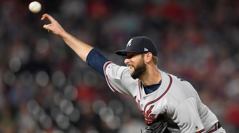 Braves reliever Chris Martin delivers a pitch against the Minnesota Twins during the ninth inning Monday, Aug. 5, 2019, at Target Field in Minneapolis. The Twins defeated the Braves, 5-3.