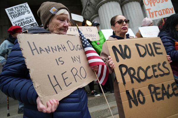 Supporters of Judge Hannah Dugan hold a rally in Milwaukee at the U.S. Courthouse in Milwaukee on Friday, April 25, 2025. (Lee Matz/Milwaukee Independent via AP)