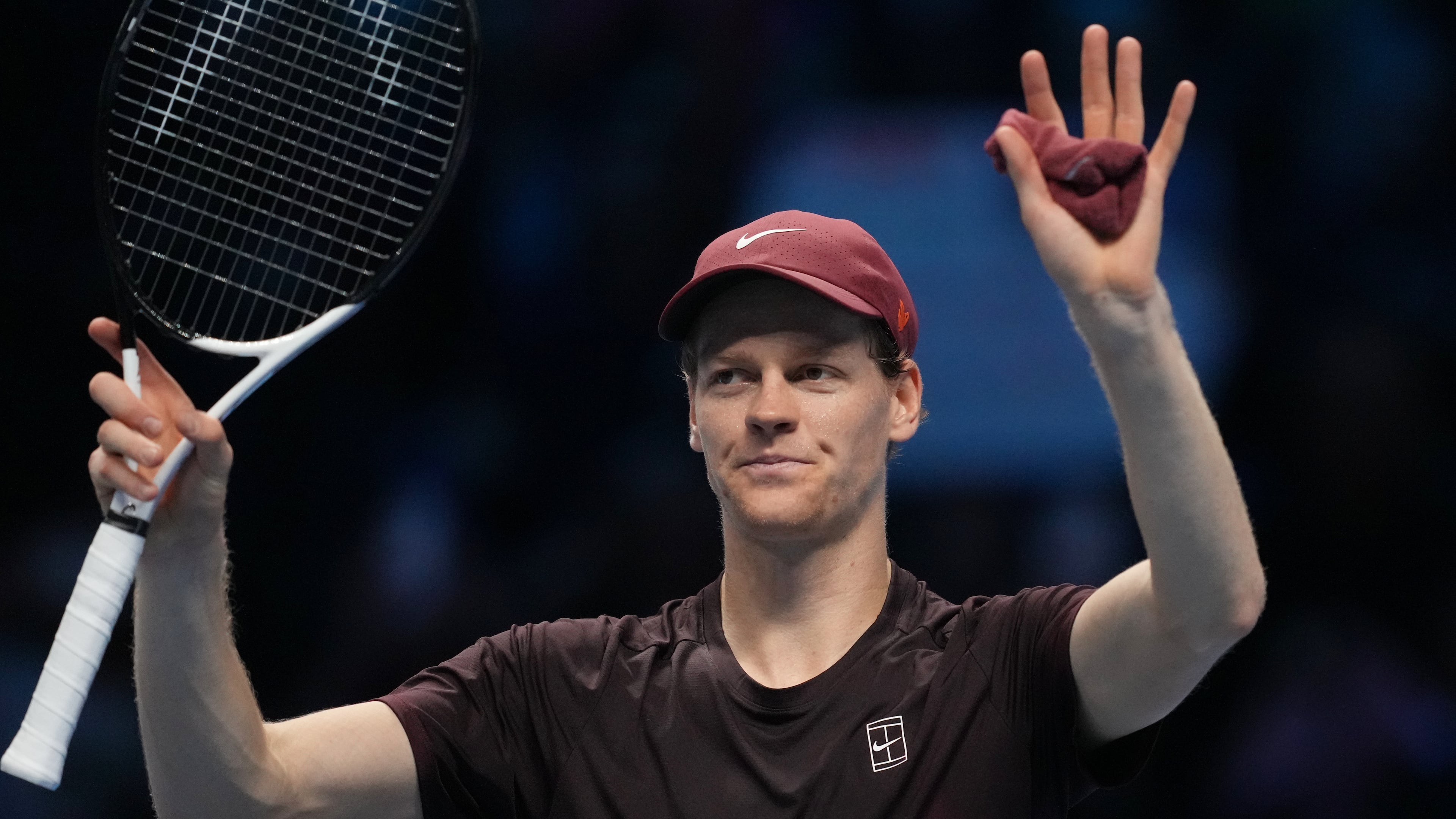 Italy's Jannik Sinner celebrates after winning against Germany's Alexander Zverev during their tennis match of the ATP World Tour Finals, in Turin, Italy, Wednesday, Nov. 12, 2025. (AP Photo/Antonio Calanni)