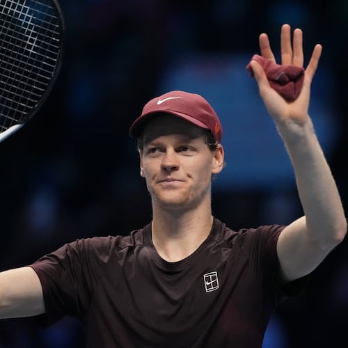 Italy's Jannik Sinner celebrates after winning against Germany's Alexander Zverev during their tennis match of the ATP World Tour Finals, in Turin, Italy, Wednesday, Nov. 12, 2025. (AP Photo/Antonio Calanni)