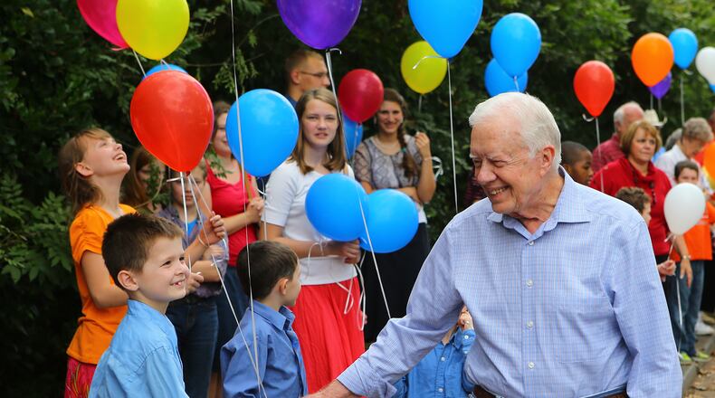 This AJC file photo shows Jimmy Carter at his surprise 90th birthday party in Plains. The former president's 94th birthday is Monday, Oct. 1 and you can celebrate it at his namesake Atlanta library and museum. CURTIS COMPTON / CCOMPTON@AJC.COM