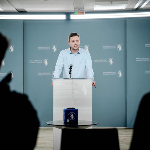Greenland's Prime Minister Jens Frederik Nielsen holds a press conference in Nuuk, Greenland, Monday, Jan. 5, 2026. (Oscar Scott Carl/Ritzau Scanpix via AP)