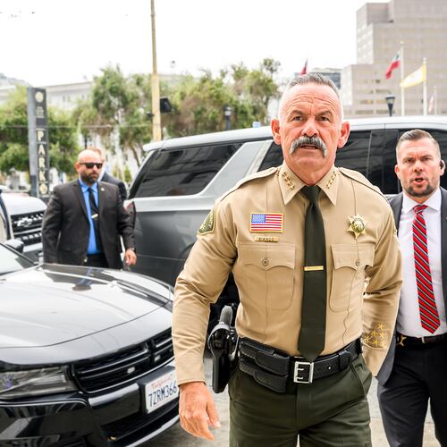 FILE - Riverside County Sheriff Chad Bianco arrives at the Supreme Court of California for a hearing about his seizure and recount of more than half a million 2025 election ballots on Aug. 24, 2026, in San Francisco. (AP Photo/Noah Berger, File)