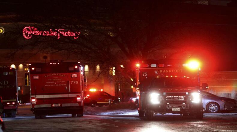 Police and fire departments respond to the scene at Orland Square Mall where a shooting occurred Monday, Jan. 21, 2019, in Orland Park, Ill..
