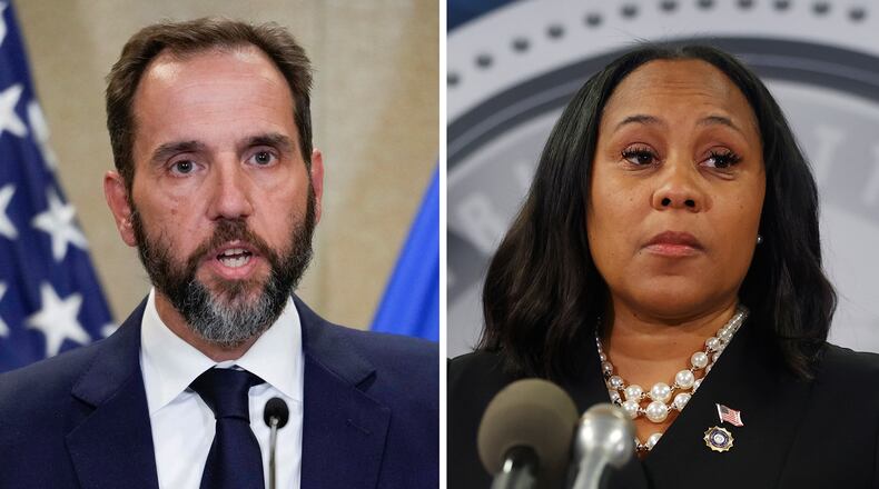 Special counsel Jack Smith and Fulton County District Attorney Fani Willis. (J. Scott Applewhite/AP; Michael Blackshire/Michael.blackshire@ajc.com)