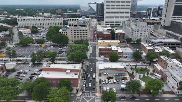 An aerial image shows South Downtown, an area where numerous local businesses are being revitalized across 16 acres and more than 50 buildings. This project represents the largest collection of historic real estate assets in Atlanta, making it one of the most ambitious downtown initiatives. Wednesday, May 27, 2026. (Miguel Martinez/AJC)