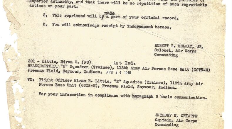 Hiram Little's reprimand letter that was placed in his personnel file in 1945. His actions were later vindicated.
